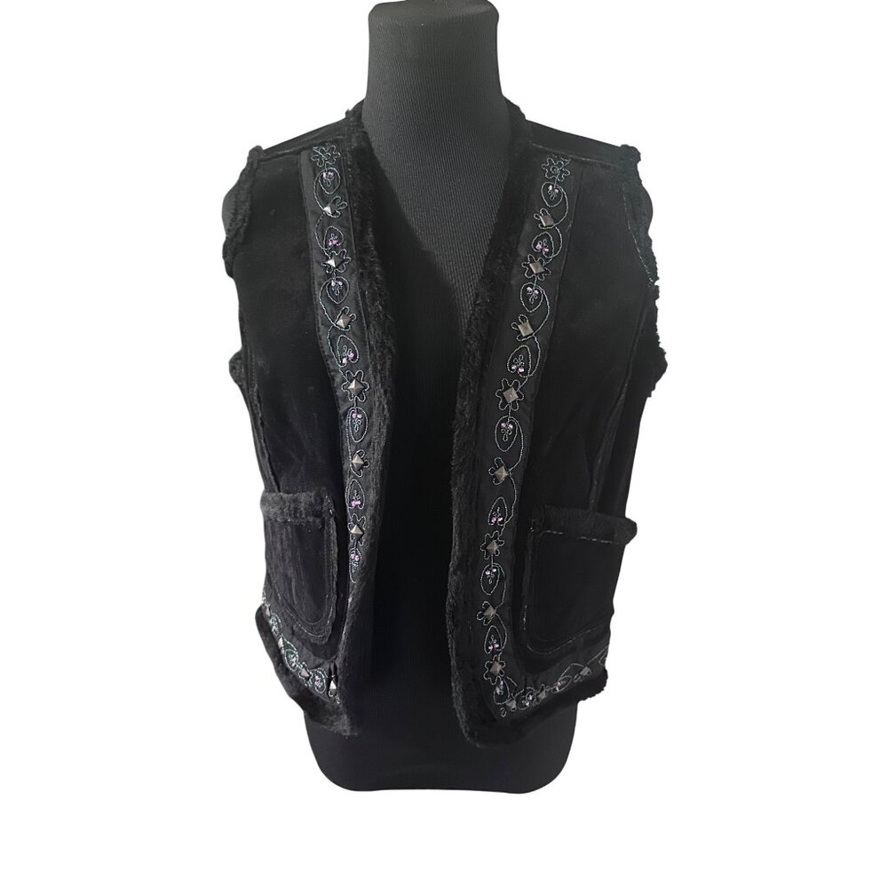 A.M.I. black studded leather vest with faux fur trim size M